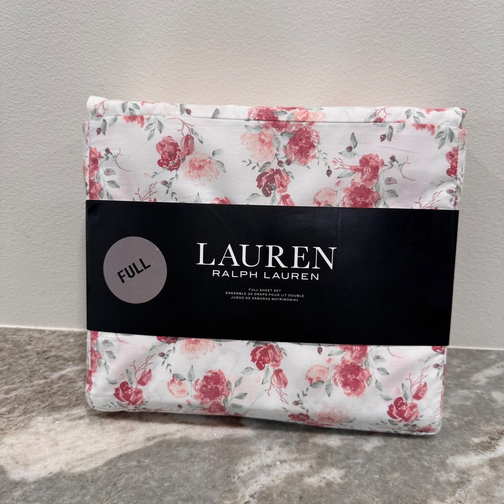 Lauren Ralph Lauren Full Sheet Set 4pc Floral Cotton Pink Red White Rose New